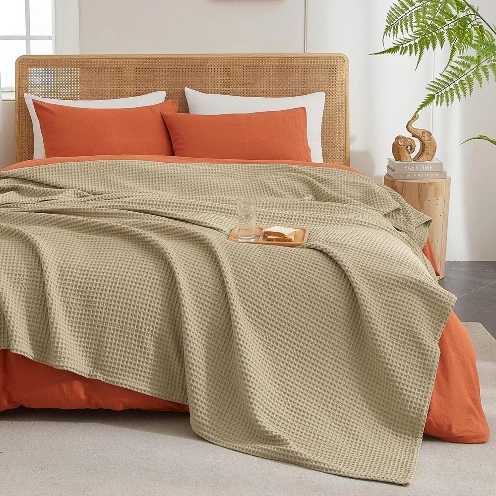 PHF Waffle Weave Blanket Queen 90x90 Khaki Ultra Soft Breathable Cotton Bedding